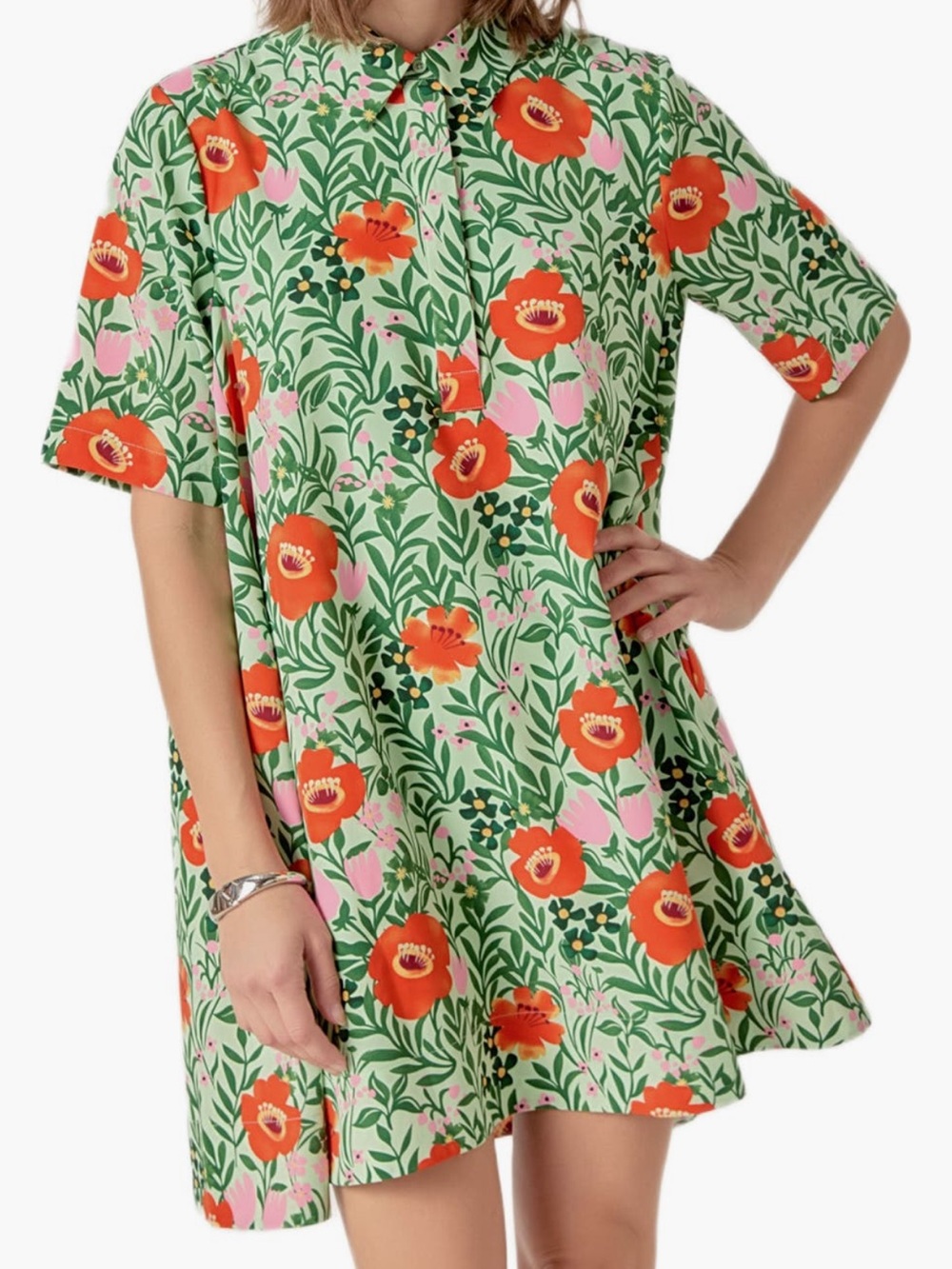 English Factory Green Short-Sleeve Dress with Floral Print - Picture 5 of 9